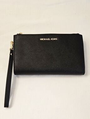 Michael Kors Black Saffiano Wristlet Wallet with Gold Hardware